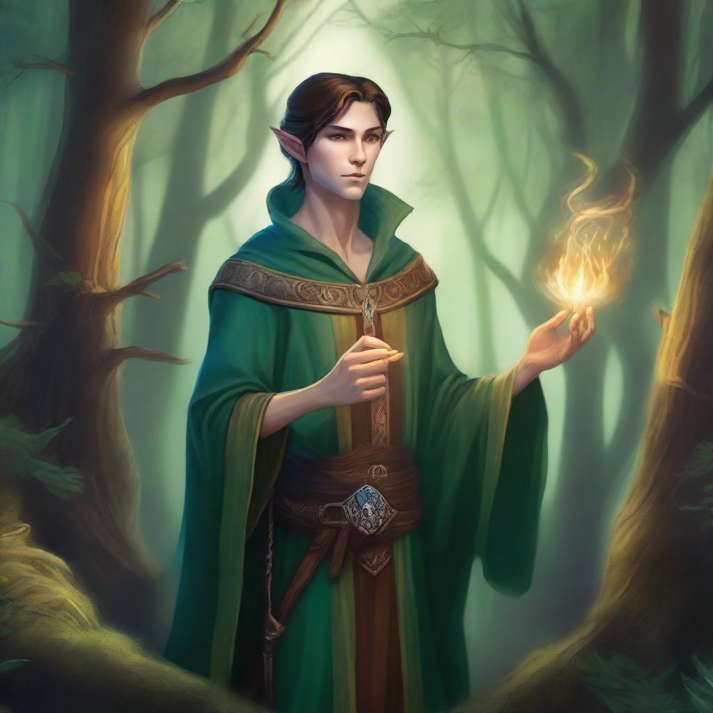 A detailed fantasy illustration of a young male half-elf sorcerer, casting a magical spell