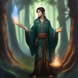 A detailed fantasy illustration of a young male half-elf sorcerer, casting a magical spell