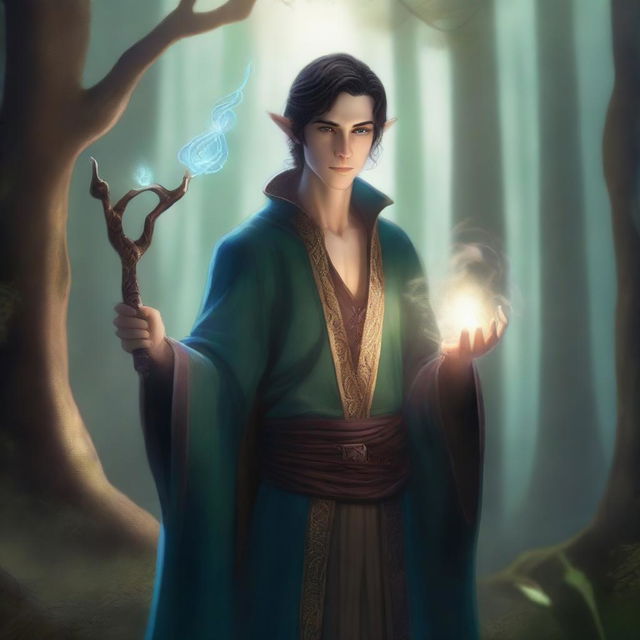 A detailed fantasy illustration of a young male half-elf sorcerer, casting a magical spell