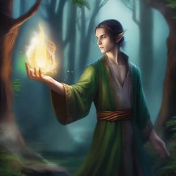 A detailed fantasy illustration of a young male half-elf sorcerer, casting a magical spell