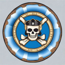 Create an image of a pirate-themed rosette ribbon with a blue color