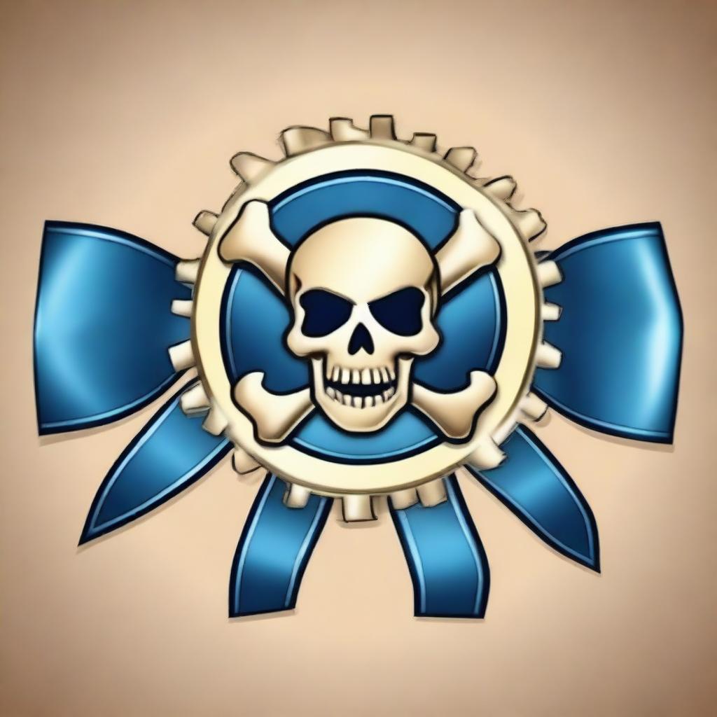 Create an image of a pirate-themed rosette ribbon with a blue color