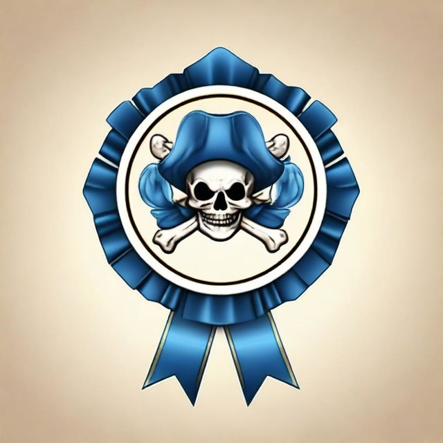 Create an image of a pirate-themed rosette ribbon with a blue color