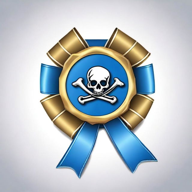 Create an image of a pirate-themed rosette ribbon with a blue color