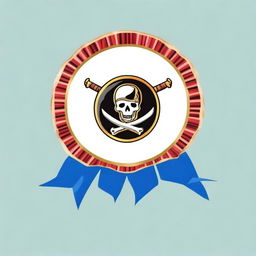 Create an image of a pirate-themed rosette ribbon with a blue color