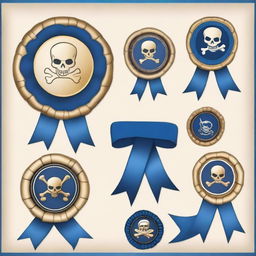 Create an image of a pirate-themed rosette ribbon with a blue color