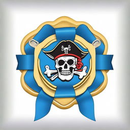 Create an image of a pirate-themed rosette ribbon with a blue color