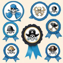 Create an image of a pirate-themed rosette ribbon with a blue color