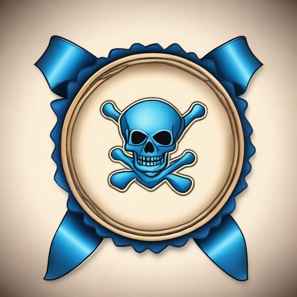 Create an image of a pirate-themed rosette ribbon with a blue color