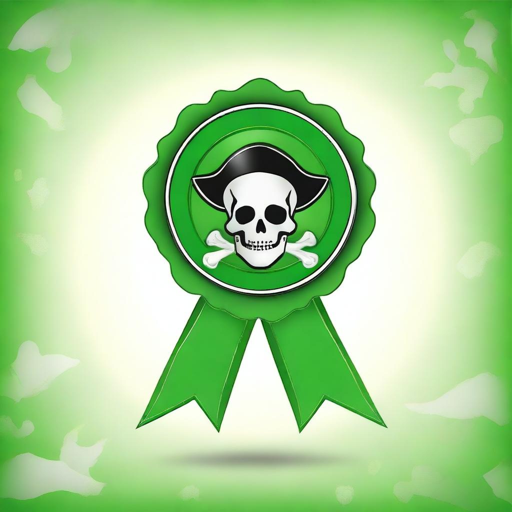 Create an image of a pirate-themed rosette ribbon with a green color