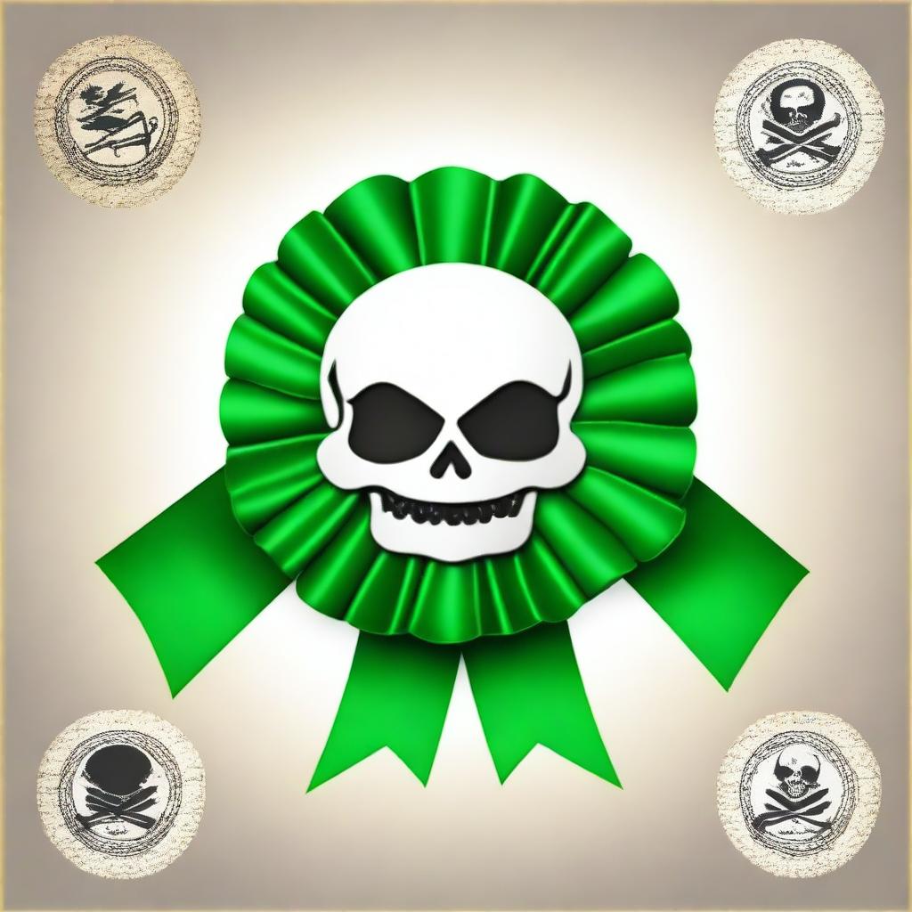 Create an image of a pirate-themed rosette ribbon with a green color