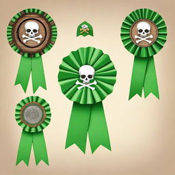 Create an image of a pirate-themed rosette ribbon with a green color