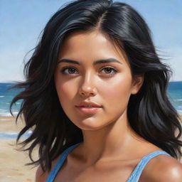 Realistic depiction of a beautiful girl with black hair and brown eyes at the beach.