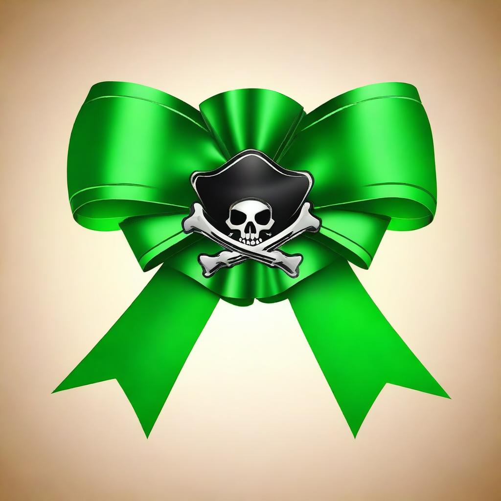 Create an image of a green rosette ribbon with a pirate theme