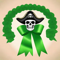 Create an image of a green rosette ribbon with a pirate theme