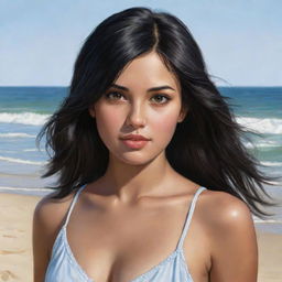 Realistic depiction of a beautiful girl with black hair and brown eyes at the beach.