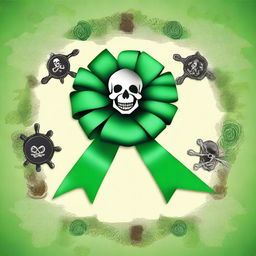 Create an image of a green rosette ribbon with a pirate theme