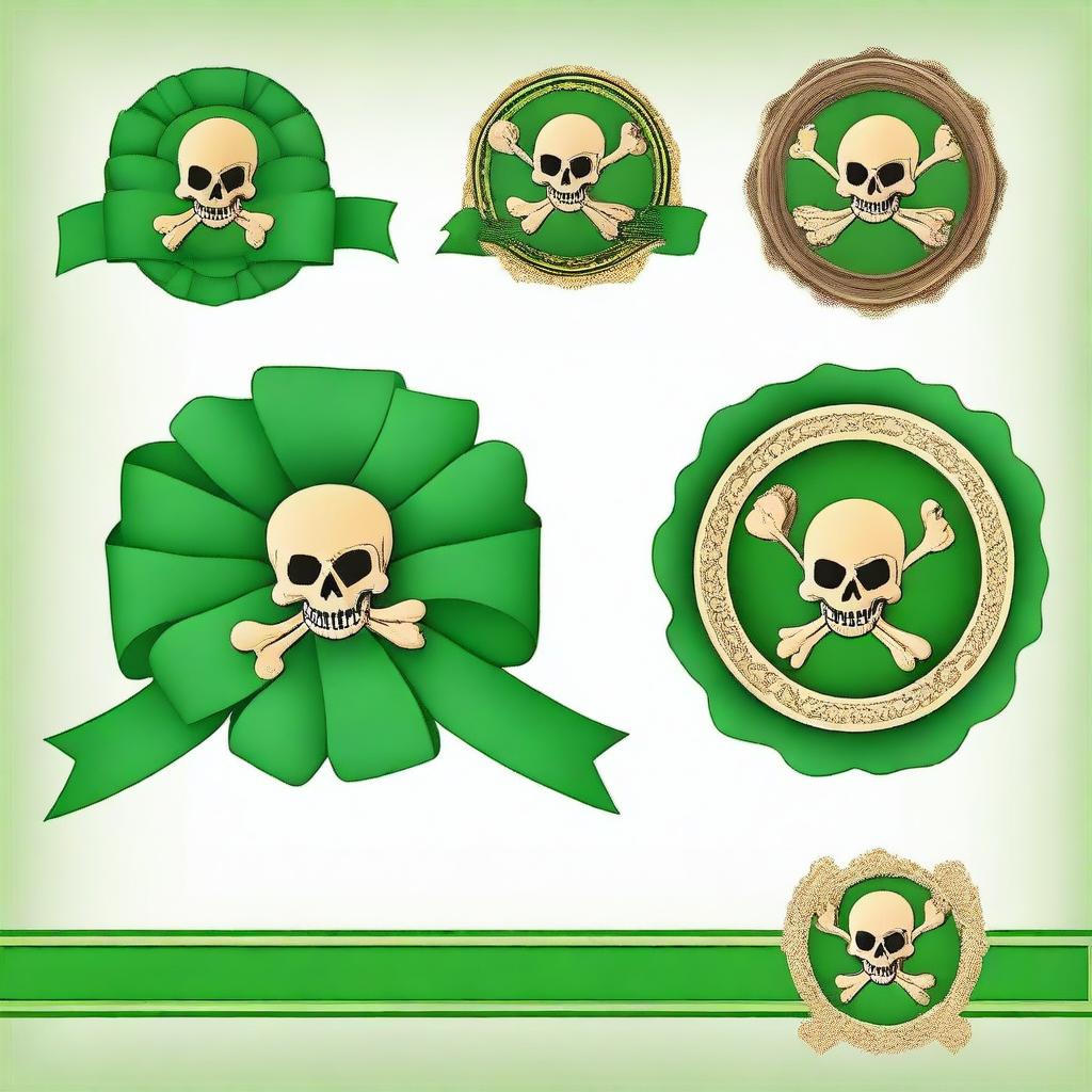 Create an image of a green rosette ribbon with a pirate theme