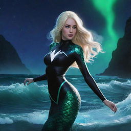 Spider-Gwen as a mermaid, adorned with a black seashell top, emerges from breathtaking waves. A radiant aurora borealis casting green and blue light embellishes the dark sky behind her.