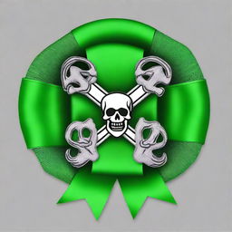 Create an image of a green rosette ribbon with a pirate theme