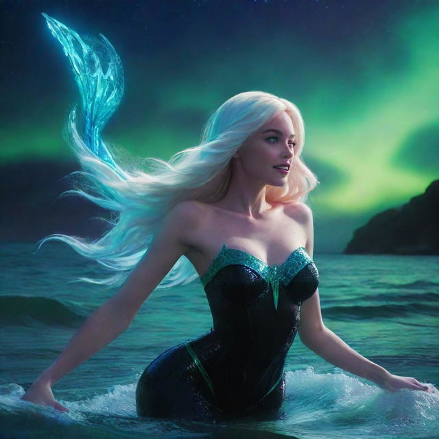 Spider-Gwen as a mermaid, adorned with a black seashell top, emerges from breathtaking waves. A radiant aurora borealis casting green and blue light embellishes the dark sky behind her.