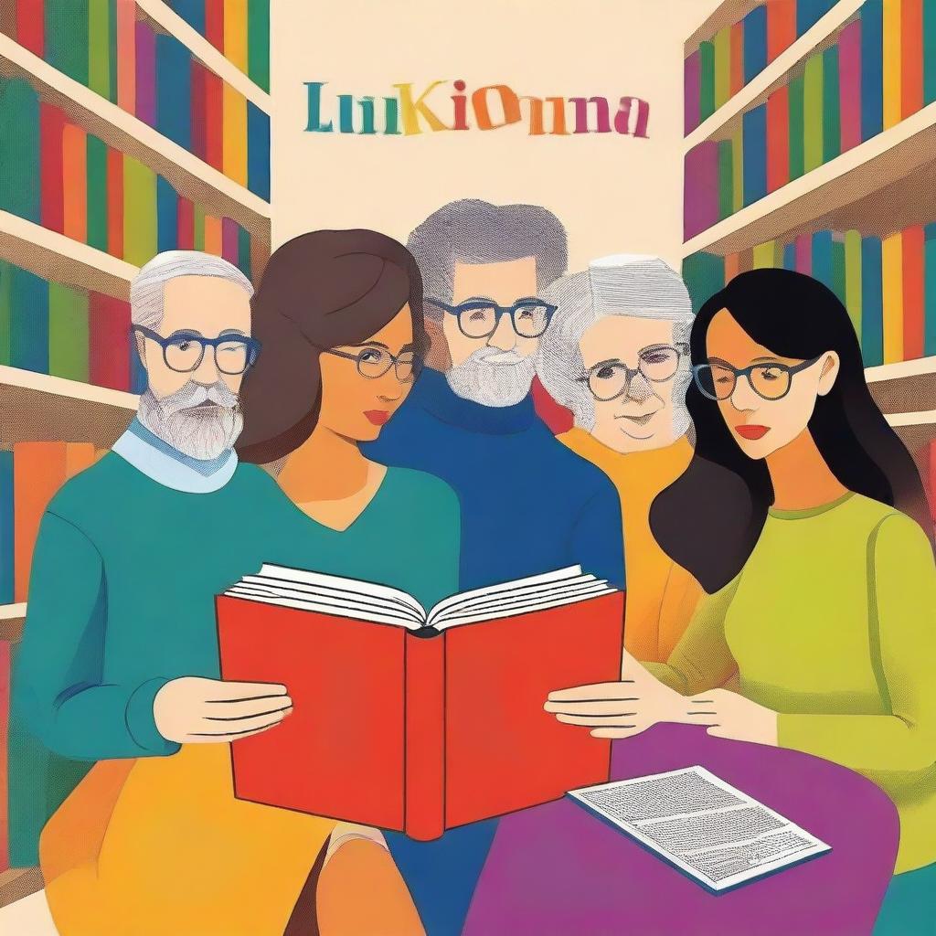 Genera un arte para portada de un libro de estilo inlustrativo, detallada y de colores no tan intensos, de un grupo de 5 personas sin lentes, representando al Club de Lectura Juan Ramón Molina, reunidas en un acogedor rincón de una biblioteca