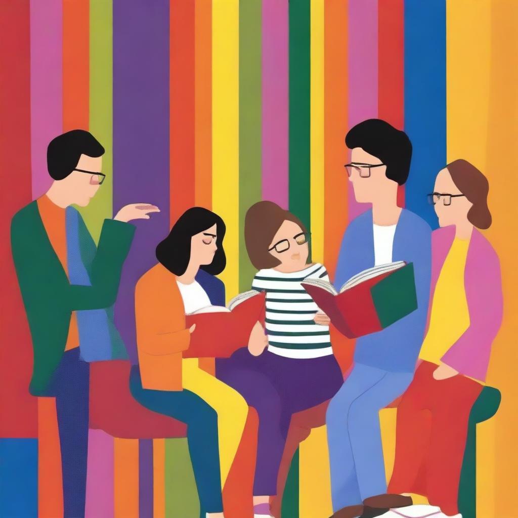 Genera un arte para portada de un libro de estilo inlustrativo, detallada y de colores no tan intensos, de un grupo de 5 personas sin lentes, representando al Club de Lectura Juan Ramón Molina, reunidas en un acogedor rincón de una biblioteca