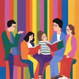 Genera un arte para portada de un libro de estilo inlustrativo, detallada y de colores no tan intensos, de un grupo de 5 personas sin lentes, representando al Club de Lectura Juan Ramón Molina, reunidas en un acogedor rincón de una biblioteca