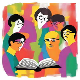 Genera un arte para portada de un libro de estilo inlustrativo, detallada y de colores no tan intensos, de un grupo de 5 personas sin lentes, representando al Club de Lectura Juan Ramón Molina, reunidas en un acogedor rincón de una biblioteca