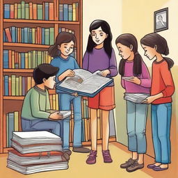 Genera un arte para portada de un libro de estilo ilustrativo, detallada y de colores cálidos, de un grupo de 5 jóvenes, representando al Club de Lectura Juan Ramón Molina, reunidas en un acogedor rincón de una biblioteca