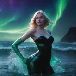 Spider-Gwen as a mermaid, adorned with a black seashell top, emerges from breathtaking waves. A radiant aurora borealis casting green and blue light embellishes the dark sky behind her.