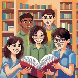 Genera un arte para portada de un libro de estilo ilustrativo, detallada y de colores cálidos, de un grupo de 5 jóvenes, representando al Club de Lectura Juan Ramón Molina, reunidas en un acogedor rincón de una biblioteca