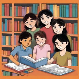 Genera un arte para portada de un libro de estilo ilustrativo, detallada y de colores cálidos, de un grupo de 5 jóvenes, representando al Club de Lectura Juan Ramón Molina, reunidas en un acogedor rincón de una biblioteca