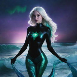 Spider-Gwen as a mermaid, adorned with a black seashell top, emerges from breathtaking waves. A radiant aurora borealis casting green and blue light embellishes the dark sky behind her.