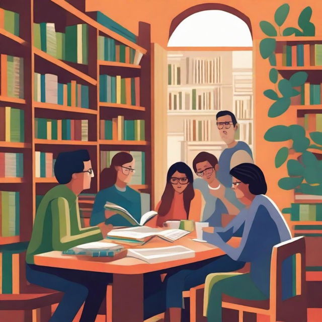 Generate a detailed and colorful book cover art in an illustrative style of a diverse group of people representing the Club de Lectura Juan Ramón Molina, gathered in a cozy corner of a library