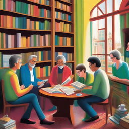 Generate a detailed and colorful book cover art in an illustrative style of a diverse group of people representing the Club de Lectura Juan Ramón Molina, gathered in a cozy corner of a library