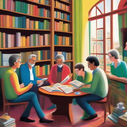 Generate a detailed and colorful book cover art in an illustrative style of a diverse group of people representing the Club de Lectura Juan Ramón Molina, gathered in a cozy corner of a library