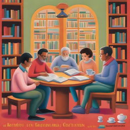 Generate a detailed and colorful book cover art in an illustrative style of a diverse group of people representing the Club de Lectura Juan Ramón Molina, gathered in a cozy corner of a library