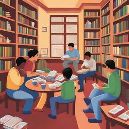 Generate a detailed and colorful book cover art in an illustrative style of a diverse group of people representing the Club de Lectura Juan Ramón Molina, gathered in a cozy corner of a library