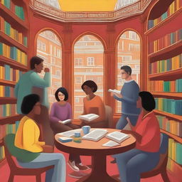 Generate a detailed and colorful book cover art in an illustrative style of a diverse group of people representing the Club de Lectura Juan Ramón Molina, gathered in a cozy corner of a library