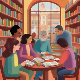 Generate a detailed and colorful book cover art in an illustrative style of a diverse group of people representing the Club de Lectura Juan Ramón Molina, gathered in a cozy corner of a library