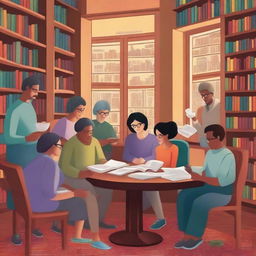 Generate a detailed and colorful book cover art in an illustrative style of a diverse group of people representing the Club de Lectura Juan Ramón Molina, gathered in a cozy corner of a library