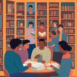 Generate a detailed and colorful book cover art in an illustrative style of a diverse group of people representing the Club de Lectura Juan Ramón Molina, gathered in a cozy corner of a library