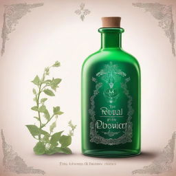 A very simple fantasy book cover featuring a poison liquid made of herbs in a beautiful, intricate clear crystal glass bottle