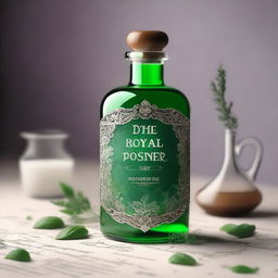 A very simple fantasy book cover featuring a poison liquid made of herbs in a beautiful, intricate clear crystal glass bottle