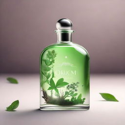 A very simple fantasy book cover featuring a poison liquid made of herbs in a beautiful, intricate clear crystal glass perfume bottle