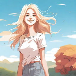 A detailed illustration of a blonde girl with flowing hair, wearing casual clothes, standing in a serene outdoor setting with a bright sky in the background