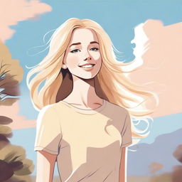 A detailed illustration of a blonde girl with flowing hair, wearing casual clothes, standing in a serene outdoor setting with a bright sky in the background