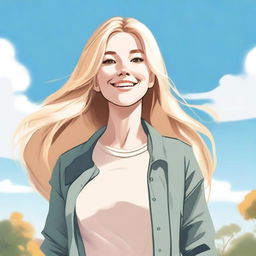 A detailed illustration of a blonde girl with flowing hair, wearing casual clothes, standing in a serene outdoor setting with a bright sky in the background