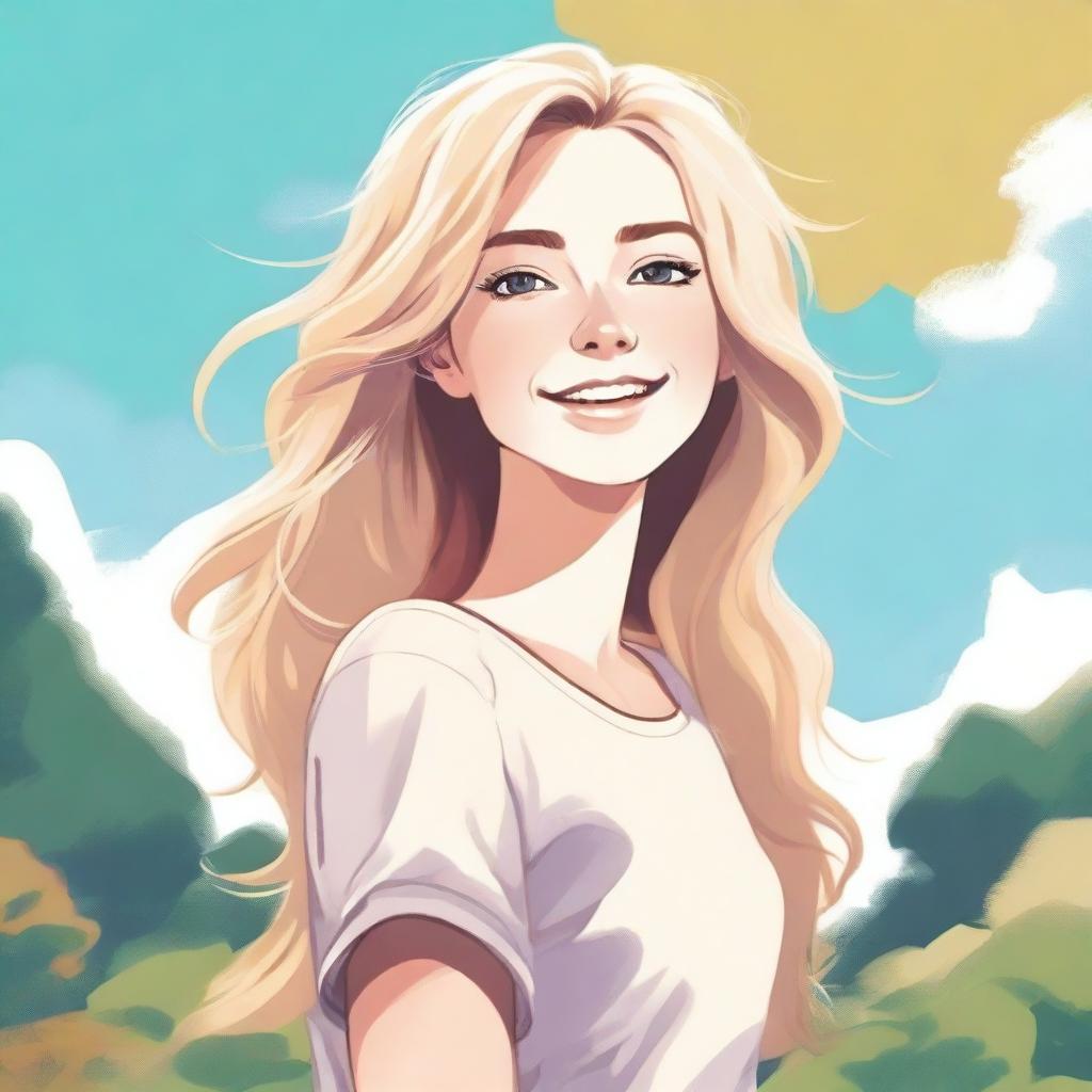 A detailed illustration of a blonde girl with flowing hair, wearing casual clothes, standing in a serene outdoor setting with a bright sky in the background